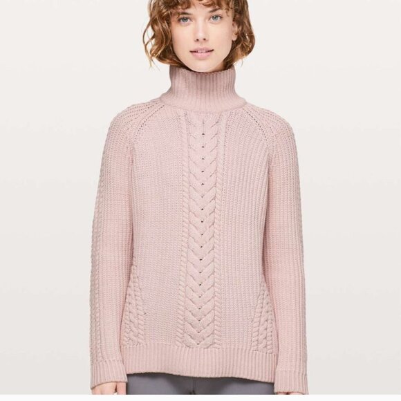 Lululemon Bring the Cozy Pink Chunky Cable Knit Sweater High Neck Boho Size 6 - Picture 1 of 10